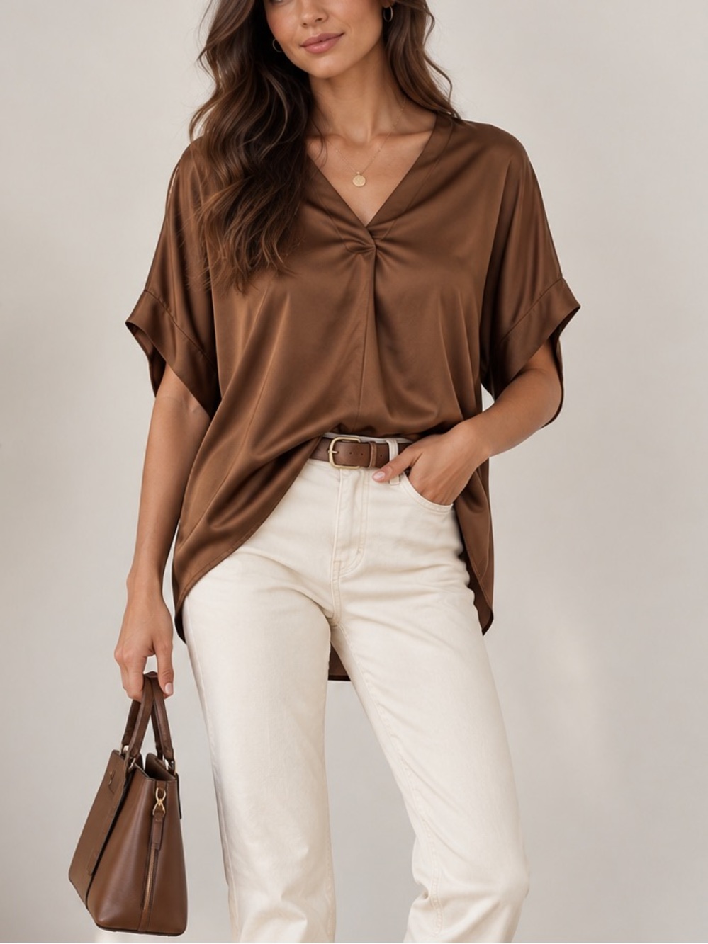 NWOT Banana Republic Brown Bronze Satin V-Neck Blouse Top | Size M